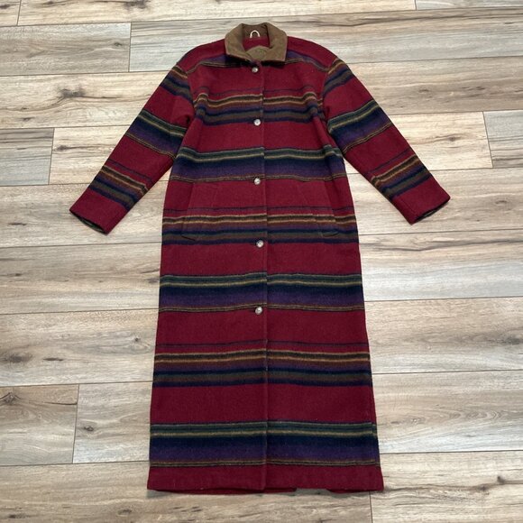 Woolrich Blanket Coat SZ Small Red Stripe Wool Blend Long Button Up Vintage - Picture 1 of 15